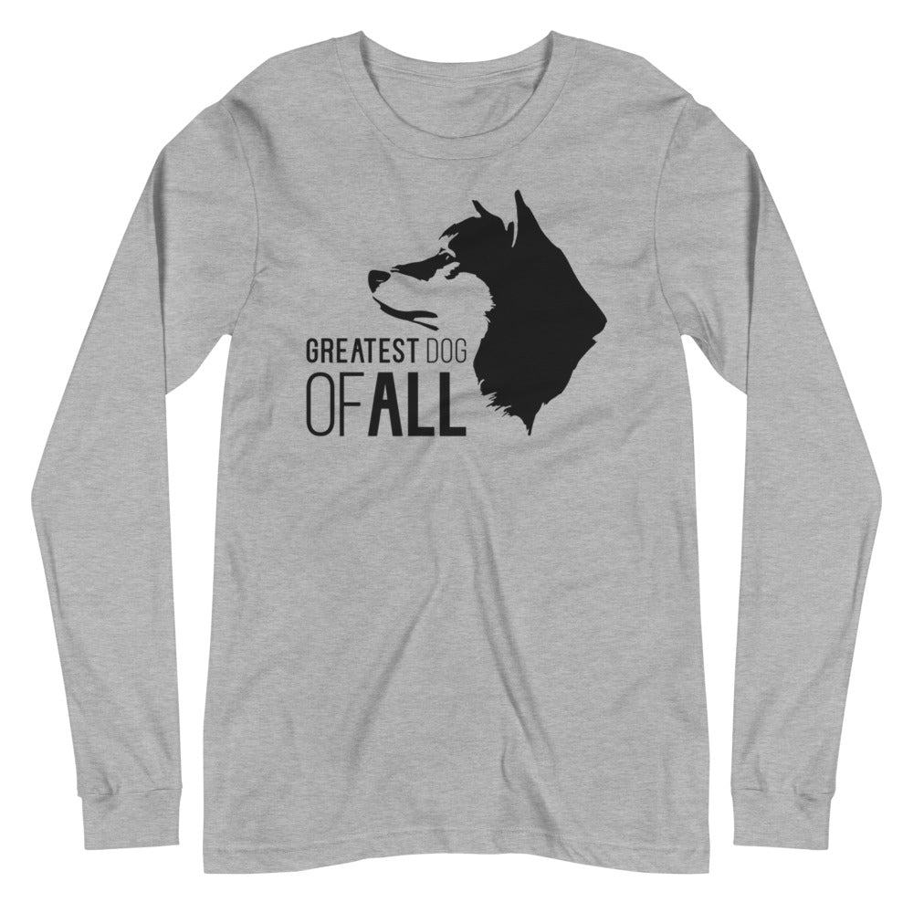 Black Akita face silhouette with Greatest Dog of All caption on unisex athletic heather long sleeve t-shirt