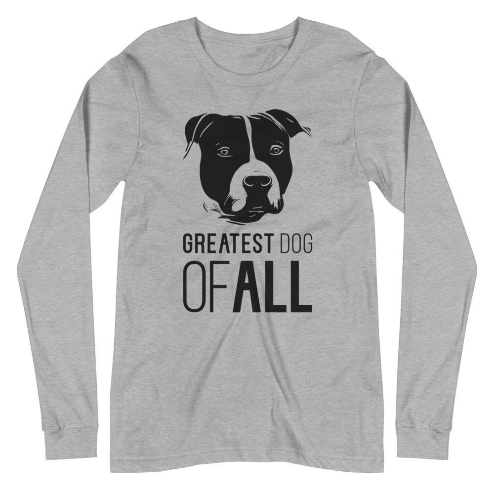 Black American Staffordshire face silhouette with Greatest Dog of All caption on unisex athletic heather long sleeve t-shirt