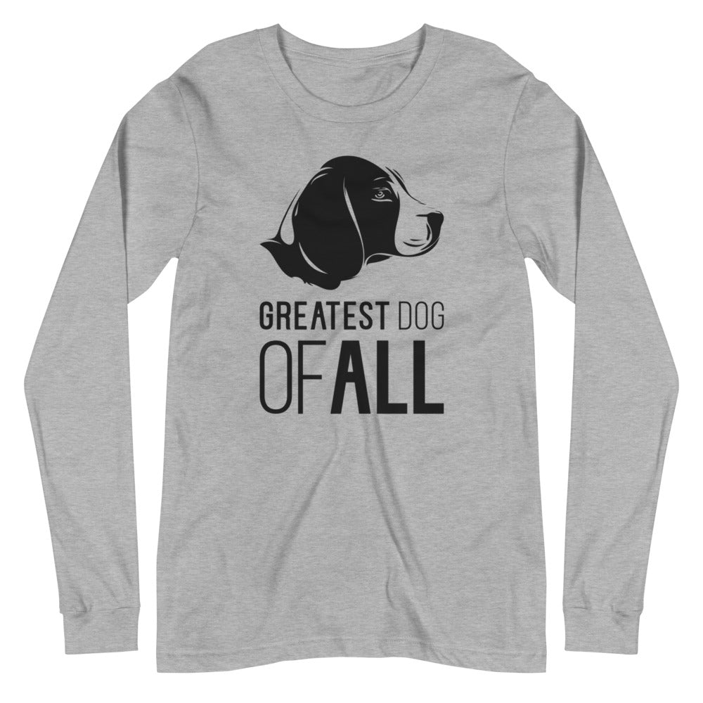 Black Beagle face silhouette with Greatest Dog of All caption on unisex athletic heather long sleeve t-shirt
