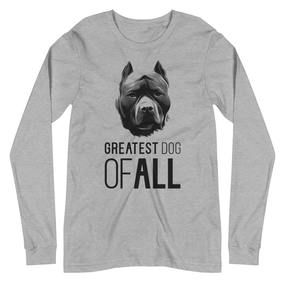 Black Pit Bull face silhouette with Greatest Dog of All caption on unisex athletic heather long sleeve t-shirt