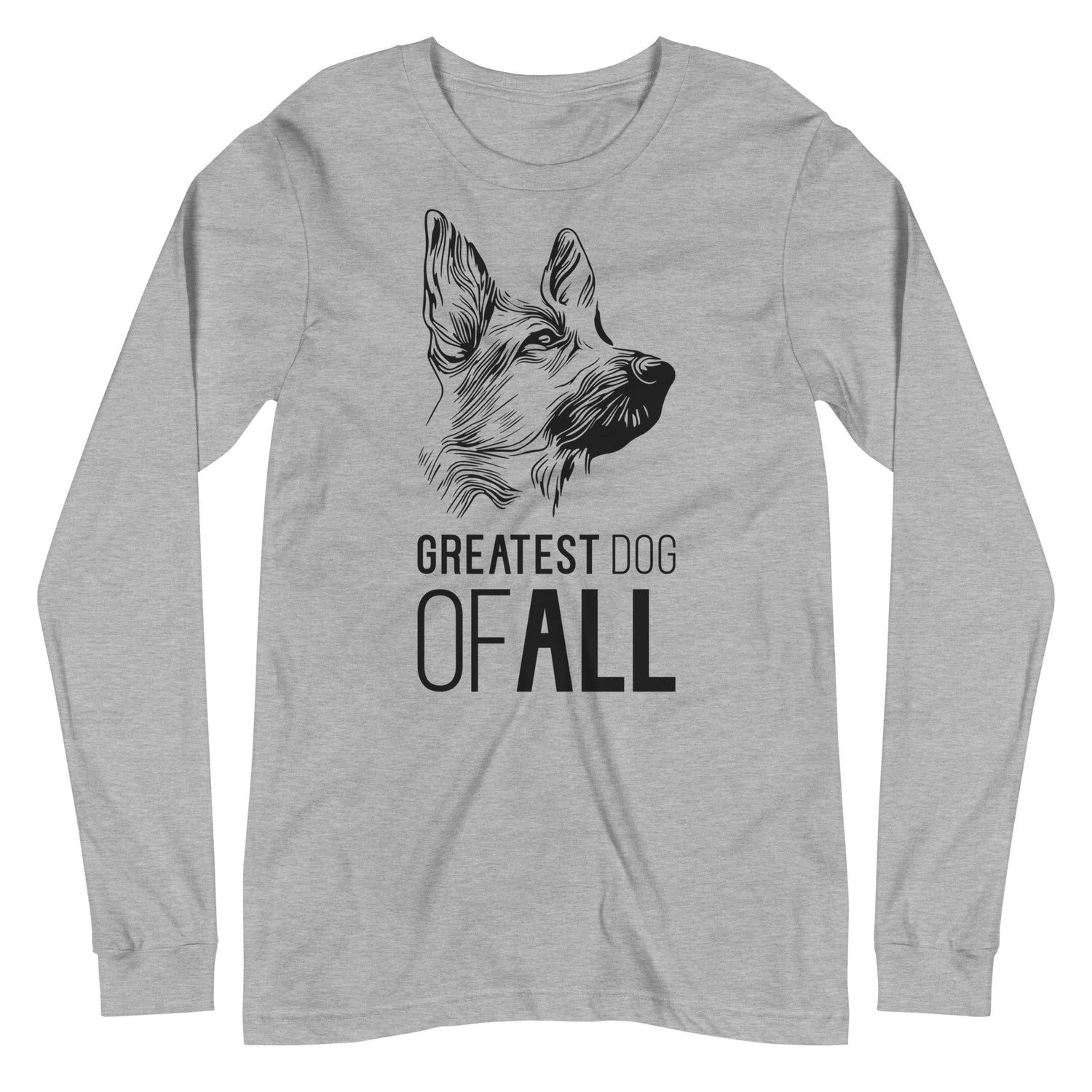 Black German Shepherd face silhouette with Greatest Dog of All caption on unisex athletic heather long sleeve t-shirt