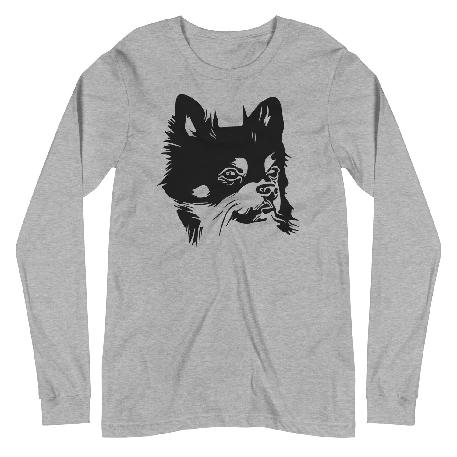 Black Chihuahua face silhouette looks sideways on unisex athletic heather long sleeve t-shirt