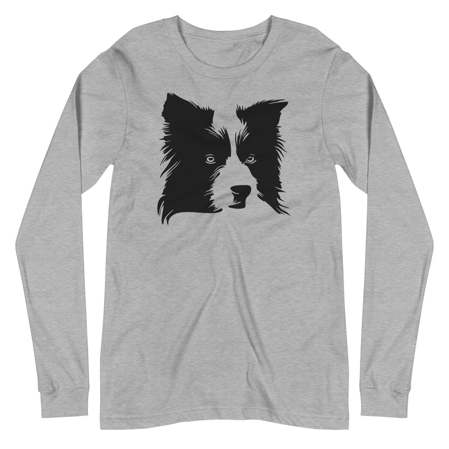 Black Border Collie face silhouette on unisex athletic heather long sleeve t-shirt