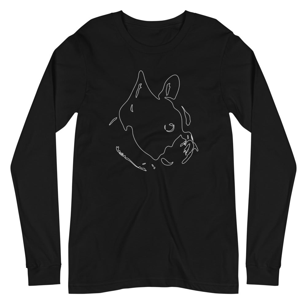 White line French Bulldog face on unisex black long sleeve t-shirt