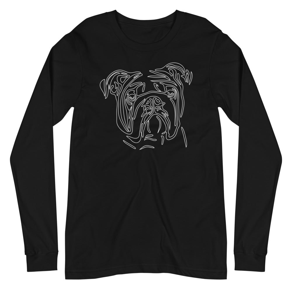 White line Bulldog face on unisex black long sleeve t-shirt