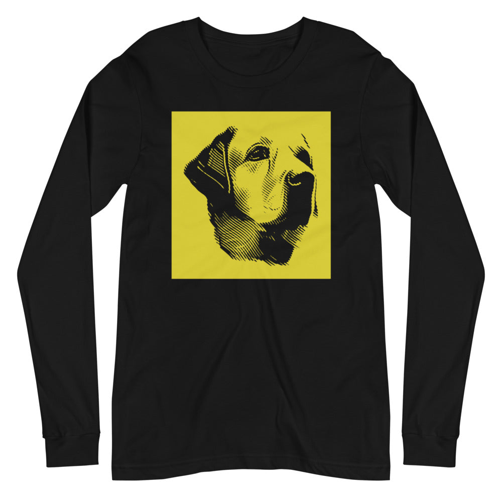 Labrador face halftone with yellow background square on unisex black long sleeve t-shirt