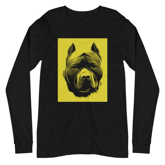 Pit Bull face halftone with yellow background square on unisex black long sleeve t-shirt