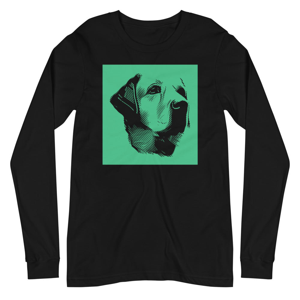 Labrador face halftone with green background square on unisex black long sleeve t-shirt