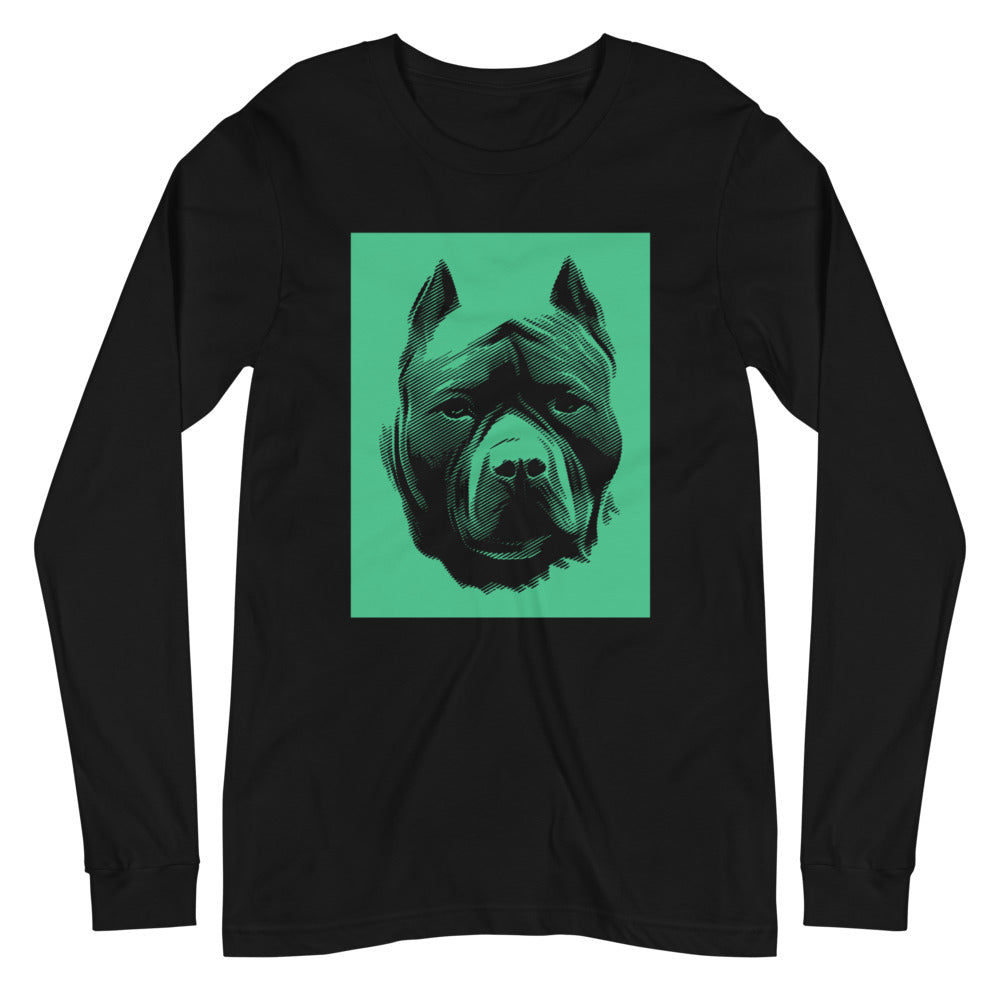 Pit Bull face halftone with green background square on unisex black long sleeve t-shirt