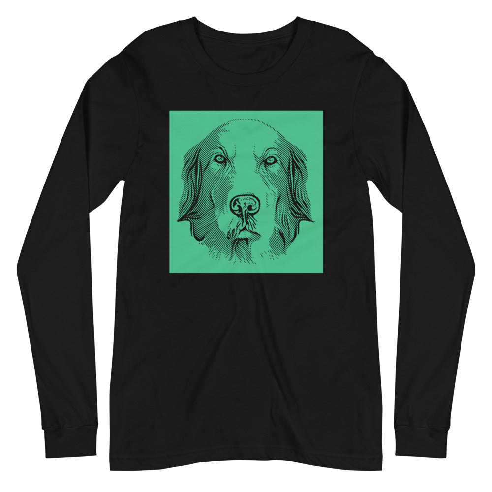 Golden Retriever face halftone with green background square on unisex black long sleeve t-shirt