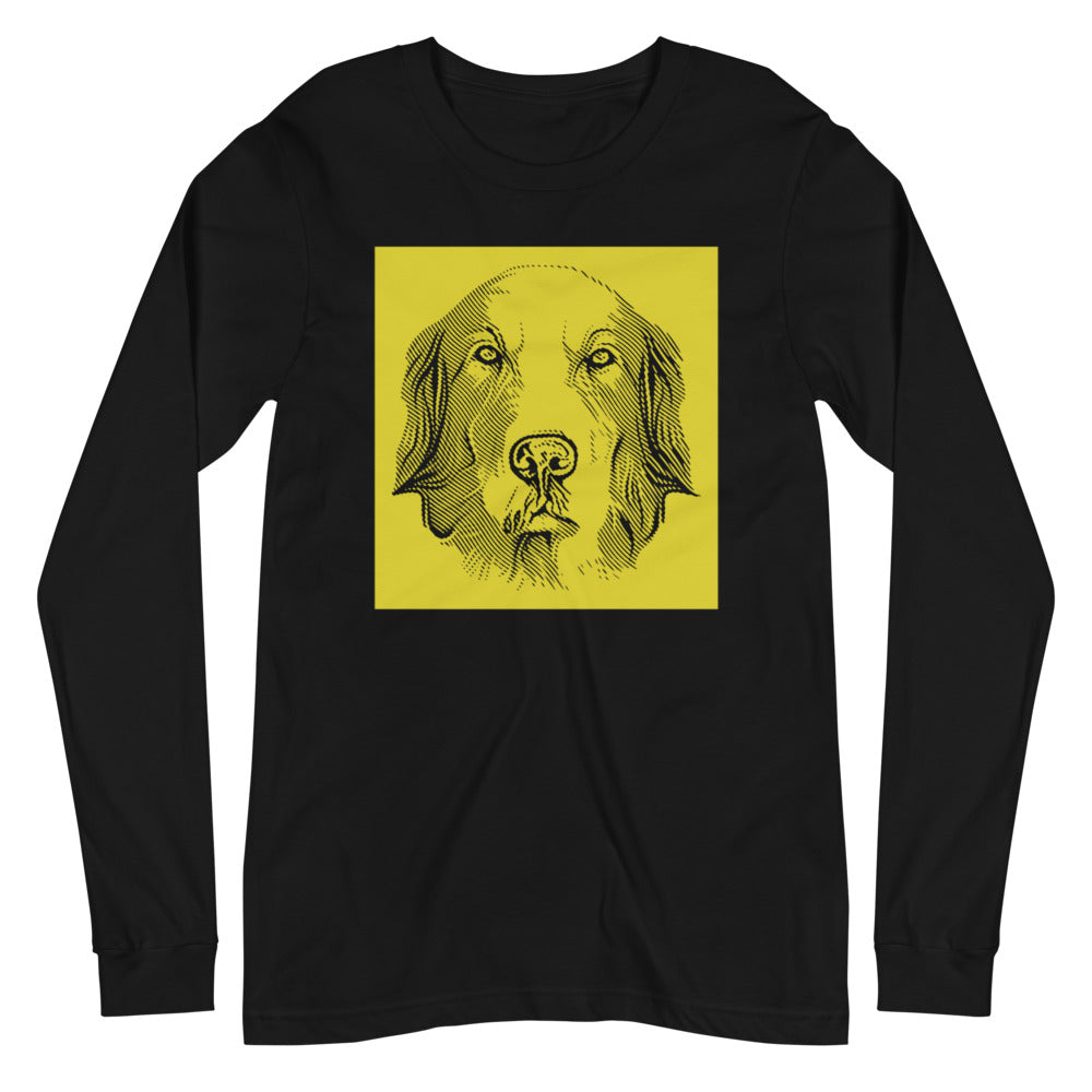 Golden Retriever face halftone with yellow background square on unisex black long sleeve t-shirt