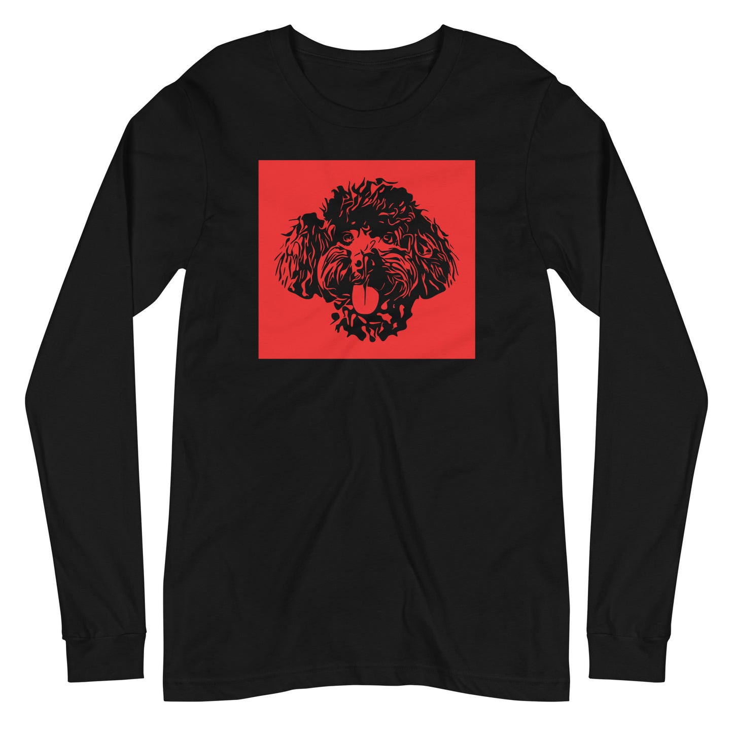 Toy Poodle face silhouette with red background square on unisex black long sleeve t-shirt