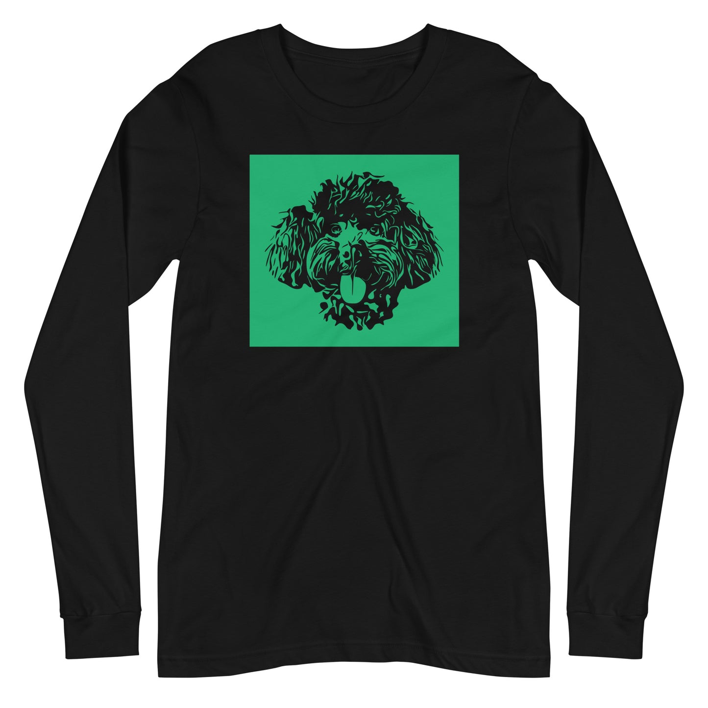 Toy Poodle face Silhouette with green background square on unisex black long sleeve t-shirt