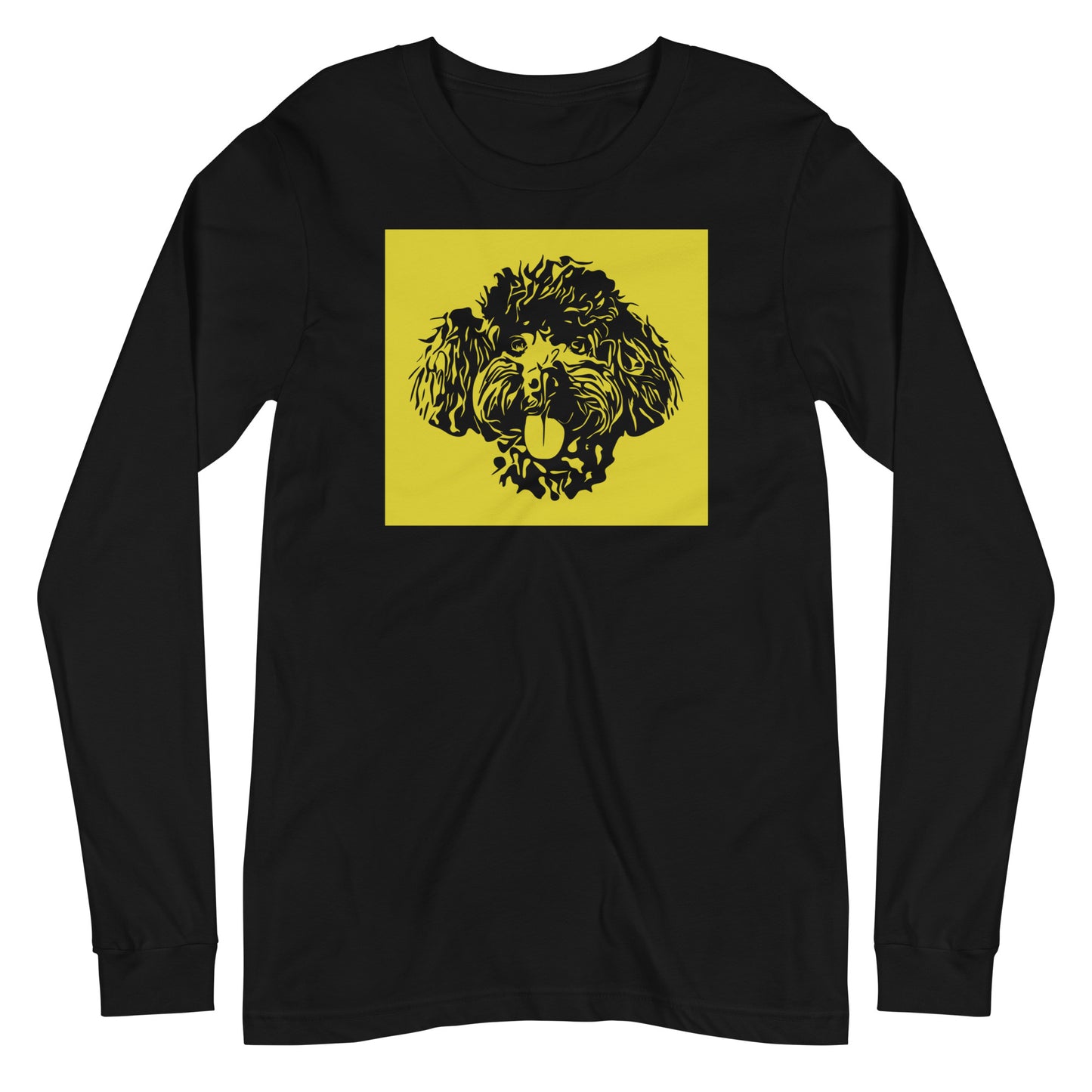 Toy Poodle face silhouette with yellow background square on unisex black long sleeve t-shirt