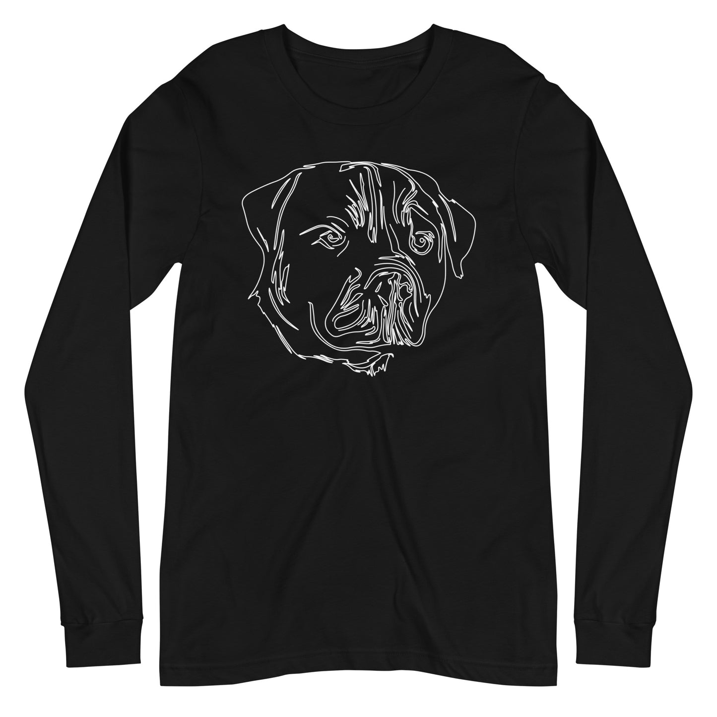 White line Rottweiler face on unisex black long sleeve t-shirt
