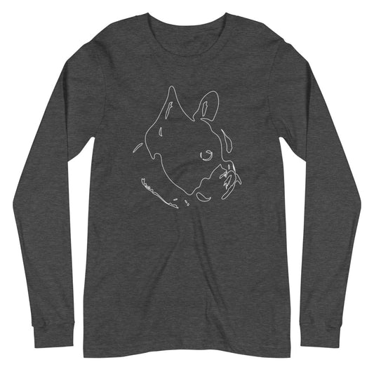 White line French Bulldog face on unisex dark grey heather long sleeve t-shirt