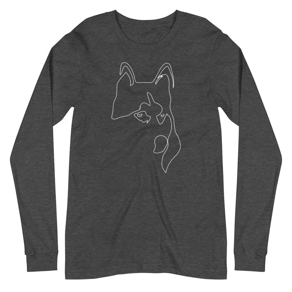 White line Siberian Husky face on unisex dark grey heather long sleeve t-shirt