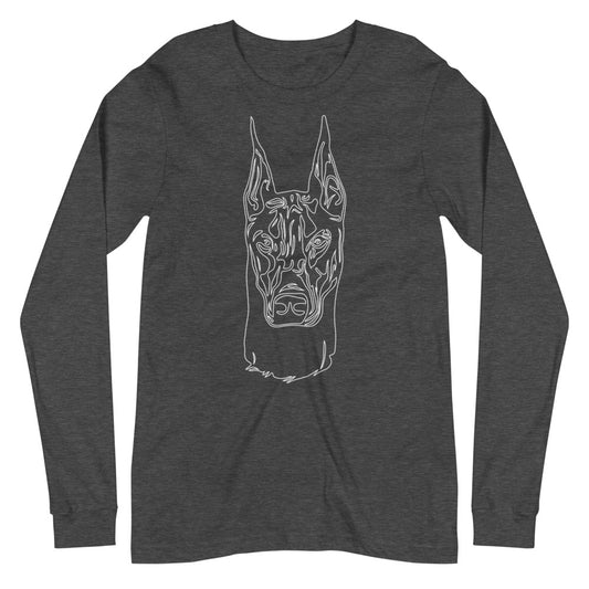 White line Doberman face on unisex dark grey heather long sleeve t-shirt