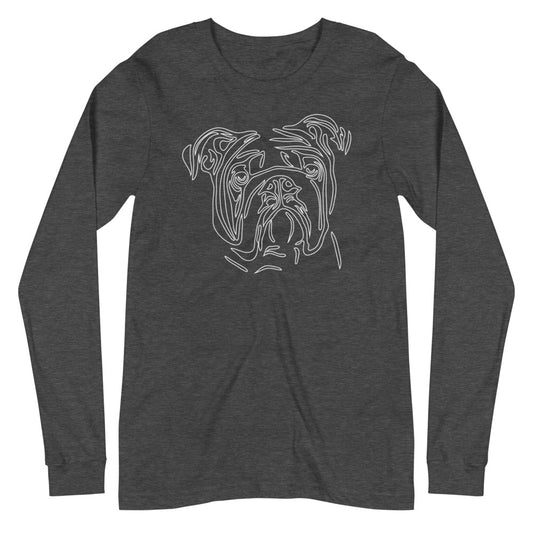White line Bulldog face on unisex dark gray heather long sleeve t-shirt