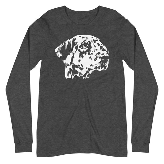 White Dalmatian face silhouette on unisex dark gray heather long sleeve t-shirt