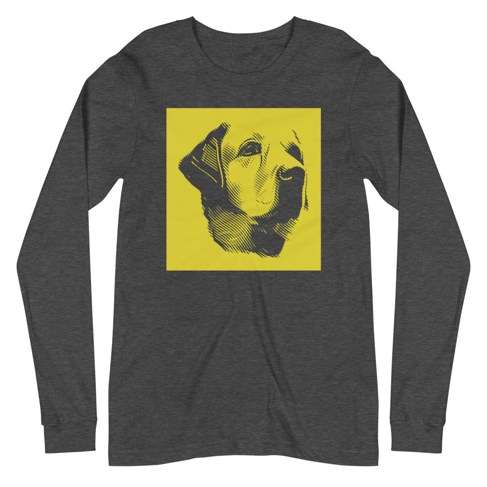 Labrador face halftone with yellow background square on unisex dark grey heather long sleeve t-shirt