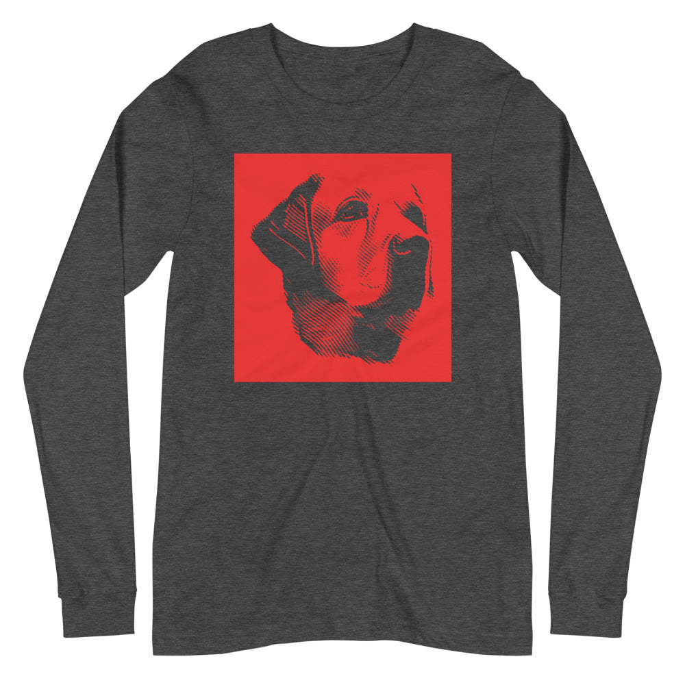 Labrador face halftone with red background square on unisex dark grey heather long sleeve t-shirt