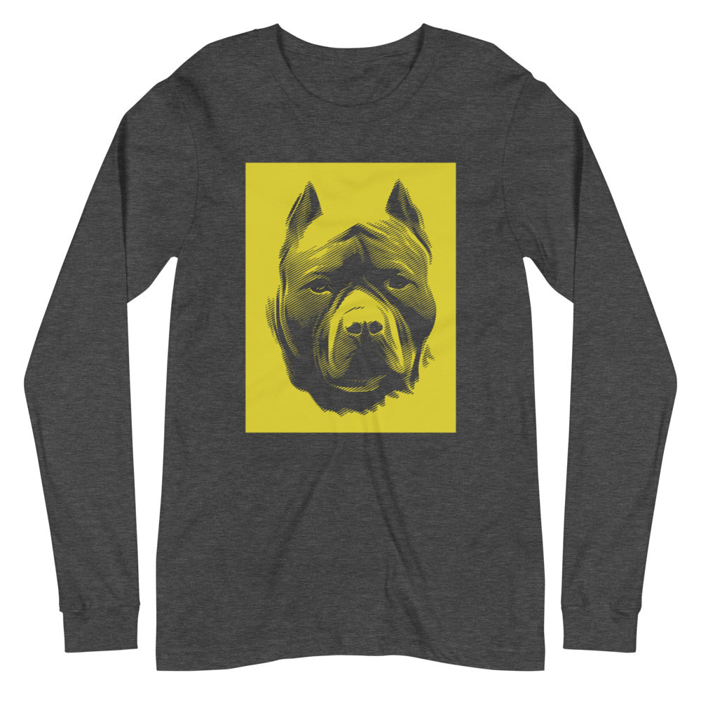 Pit Bull face halftone with yellow background square on unisex dark grey heather long sleeve t-shirt