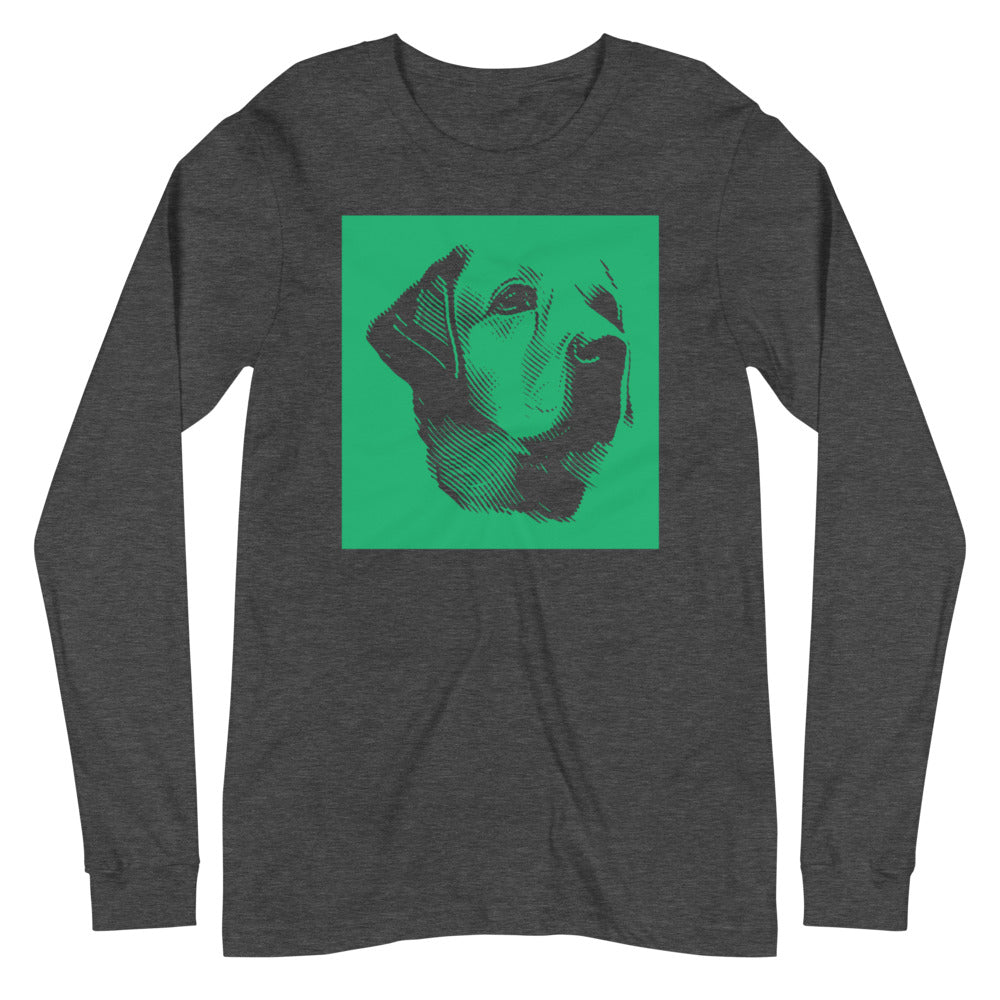 Labrador face halftone with green background square on unisex dark grey heather long sleeve t-shirt