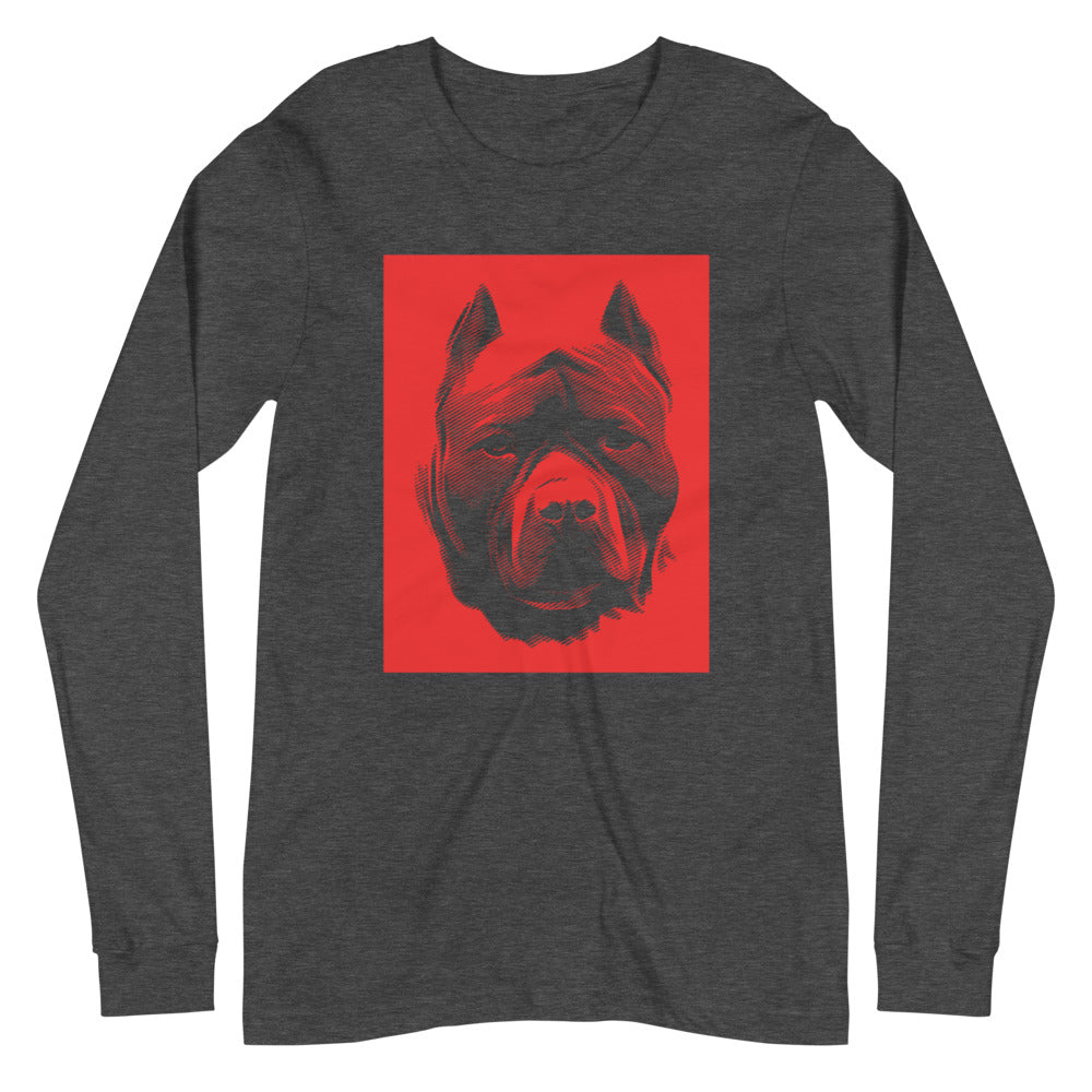 Pit Bull face halftone with red background square on unisex dark grey heather long sleeve t-shirt