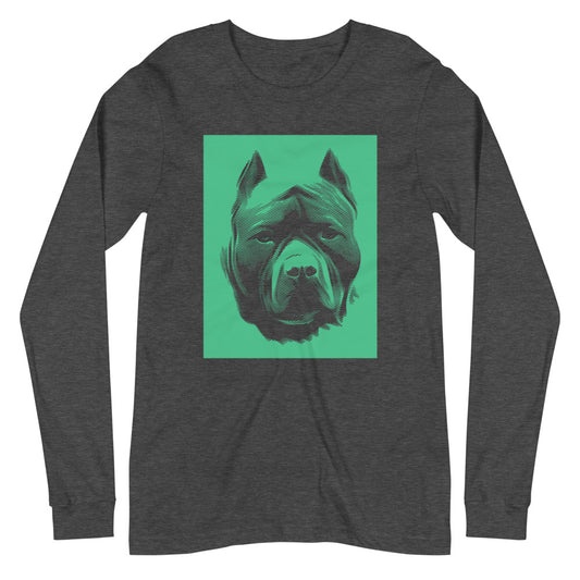 Pit Bull face halftone with green background square on unisex dark grey heather long sleeve t-shirt