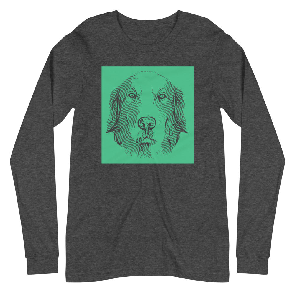 Golden Retriever face halftone with green background square on unisex dark grey heather long sleeve t-shirt