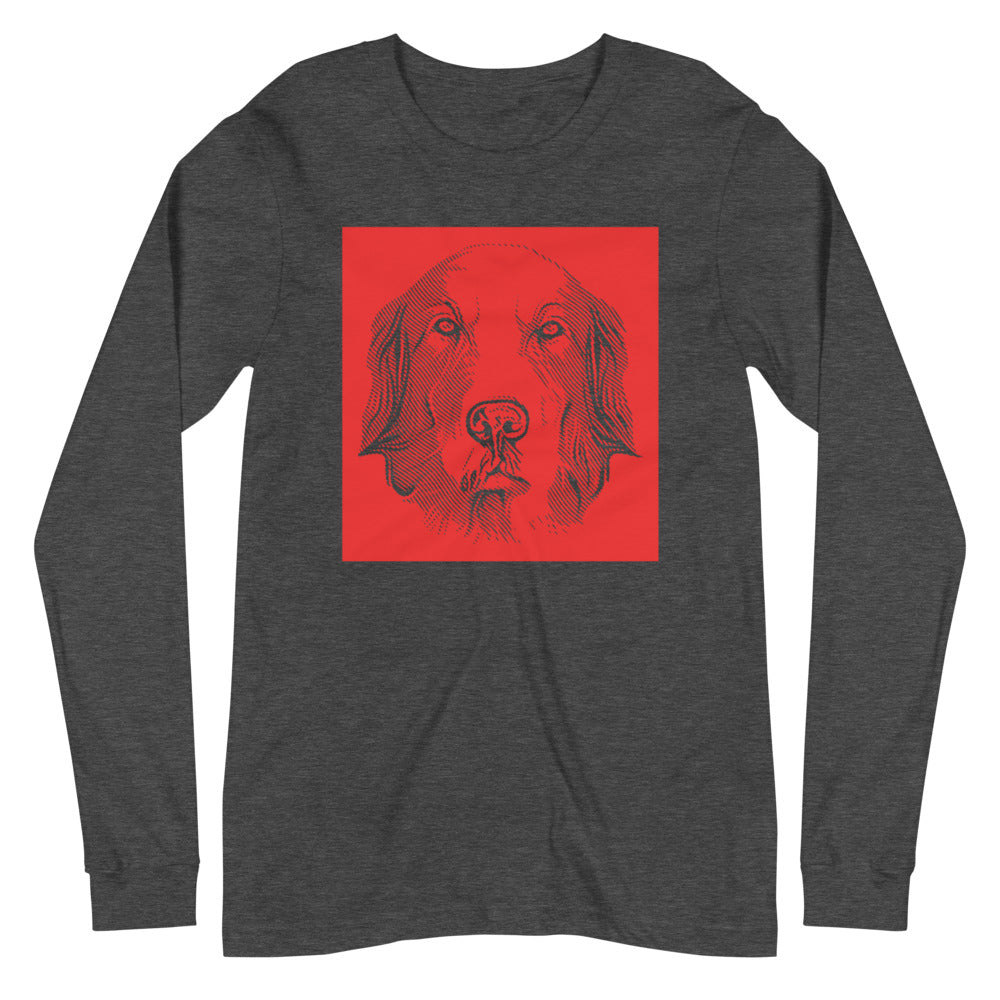 Golden Retriever face halftone with red background square on unisex dark grey heather long sleeve t-shirt