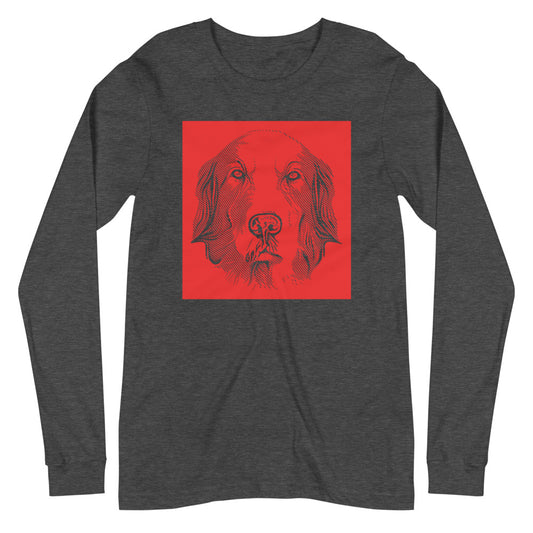 Golden Retriever face halftone with red background square on unisex dark grey heather long sleeve t-shirt