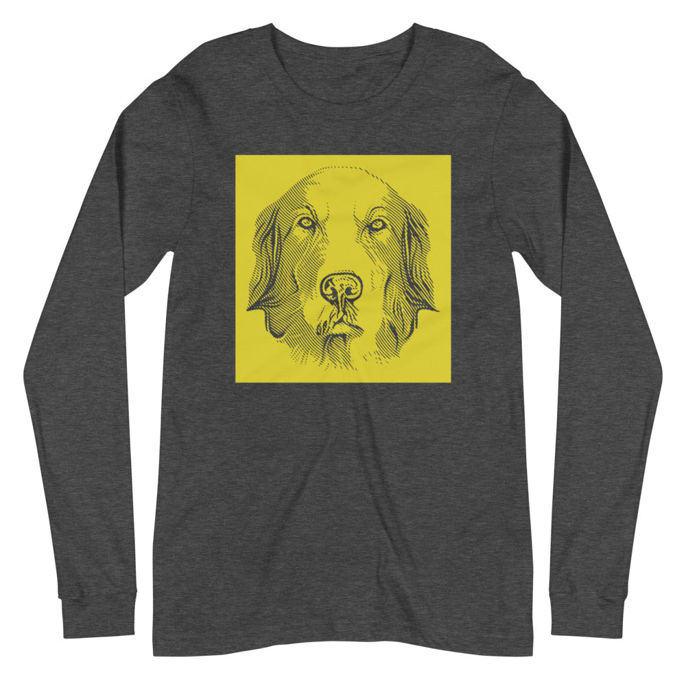 Golden Retriever face halftone with yellow background square on unisex dark grey heather long sleeve t-shirt