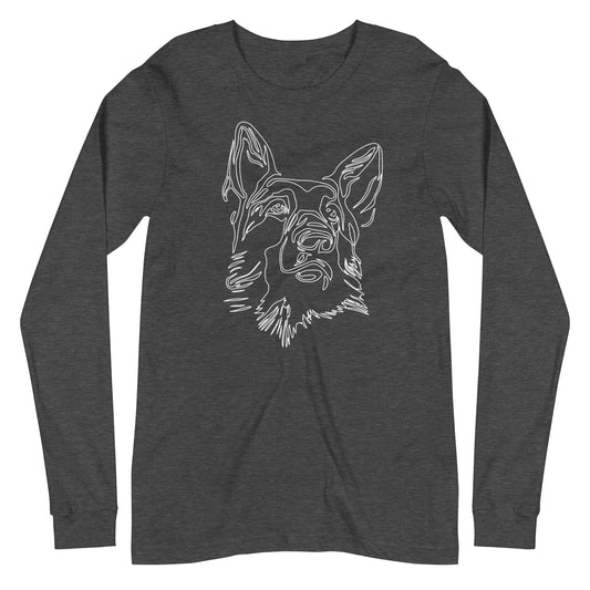 White line German Shepherd face on unisex dark grey heather long sleeve t-shirt