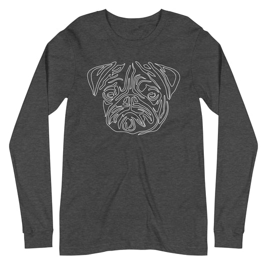 White line Pug face on unisex dark grey heather long sleeve t-shirt