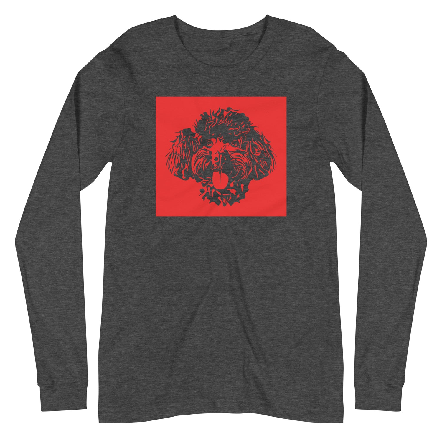 Toy Poodle face silhouette with red background square on unisex dark grey heather long sleeve t-shirt