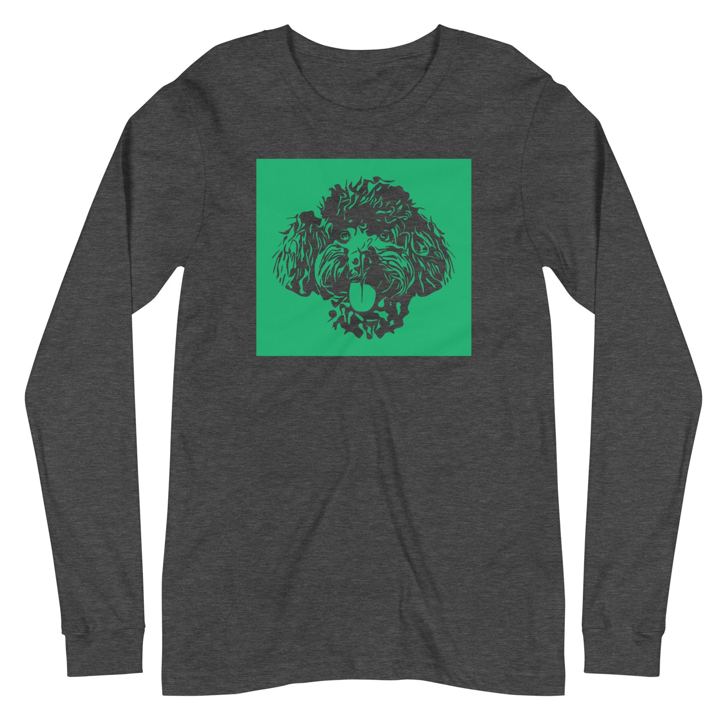 Toy Poodle face Silhouette with green background square on unisex dark grey heather long sleeve t-shirt