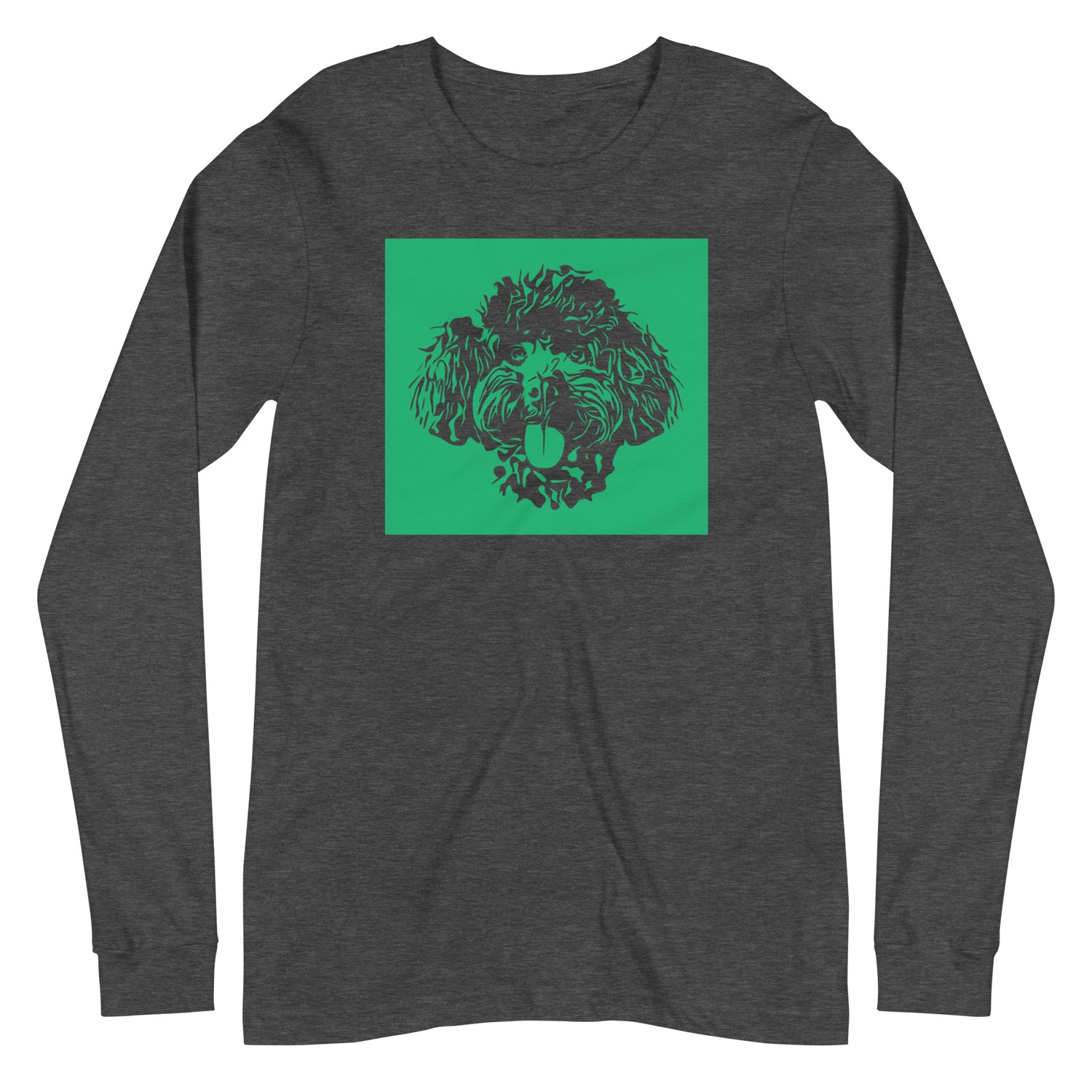 Toy Poodle face Silhouette with green background square on unisex dark grey heather long sleeve t-shirt