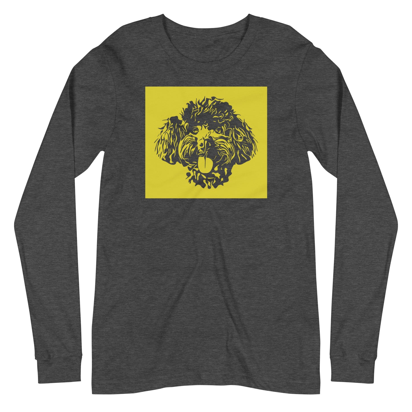 Toy Poodle face silhouette with yellow background square on unisex dark grey heather long sleeve t-shirt