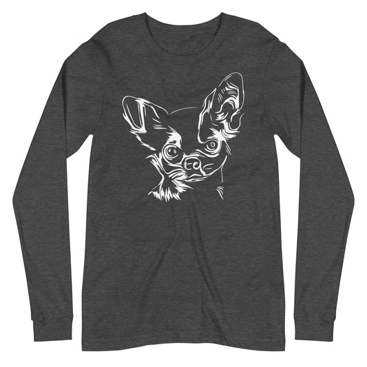 White line Chihuahua face on unisex dark grey heather long sleeve t-shirt