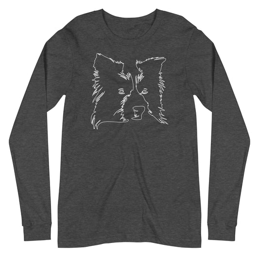 White line Border Collie face on unisex dark grey heather long sleeve t-shirt