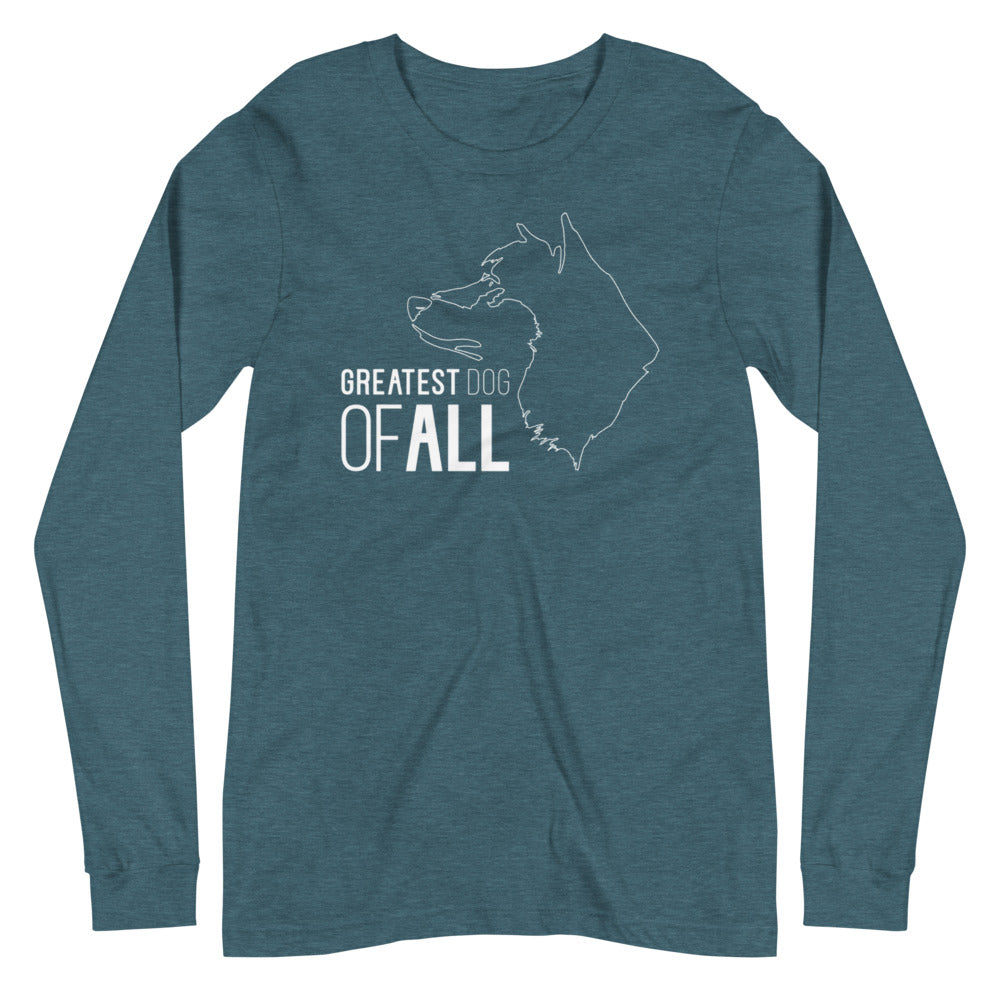 White line Akita face with Greatest Dog of All caption on unisex heather deep teal long sleeve t-shirt