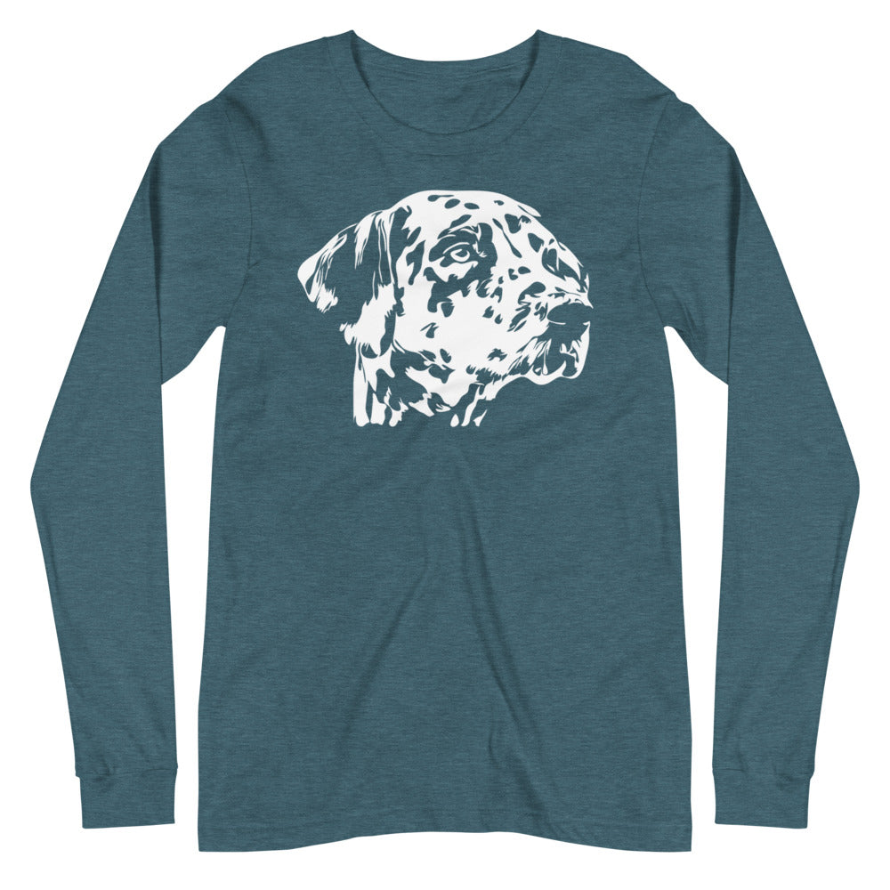 White Dalmatian face silhouette on unisex heather deep teal long sleeve t-shirt