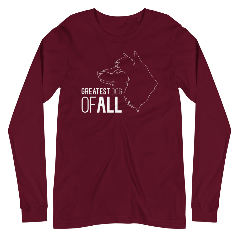 White line Akita face with Greatest Dog of All caption on unisex maroon long sleeve t-shirt