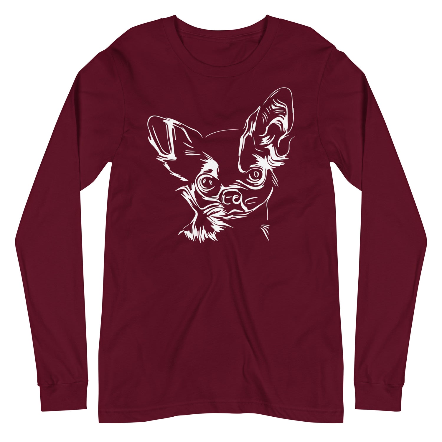 White line Chihuahua face on unisex maroon long sleeve t-shirt