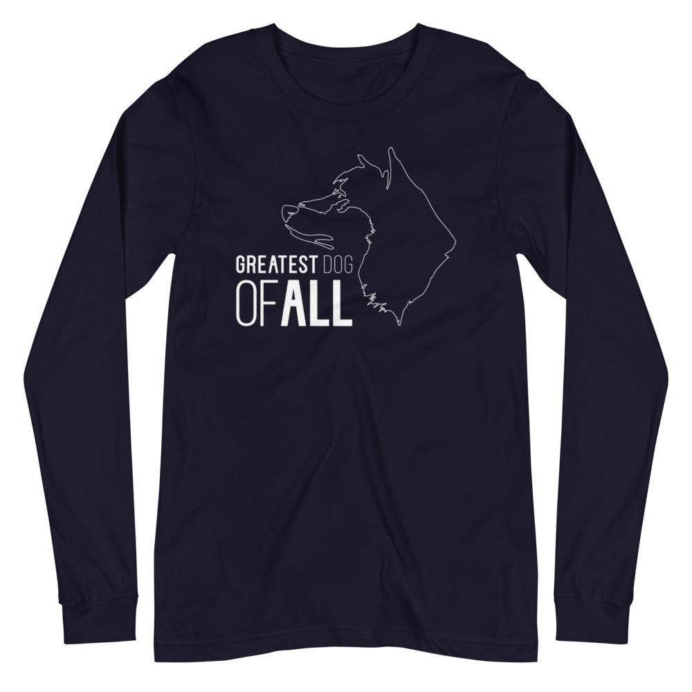 White line Akita face with Greatest Dog of All caption on unisex navy long sleeve t-shirt