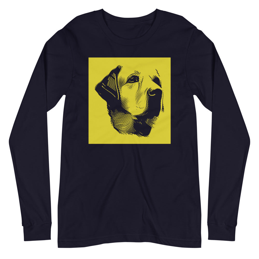 Labrador face halftone with yellow background square on unisex navy long sleeve t-shirt