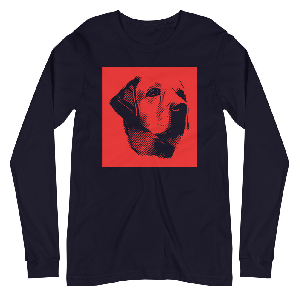Labrador face halftone with red background square on unisex navy long sleeve t-shirt