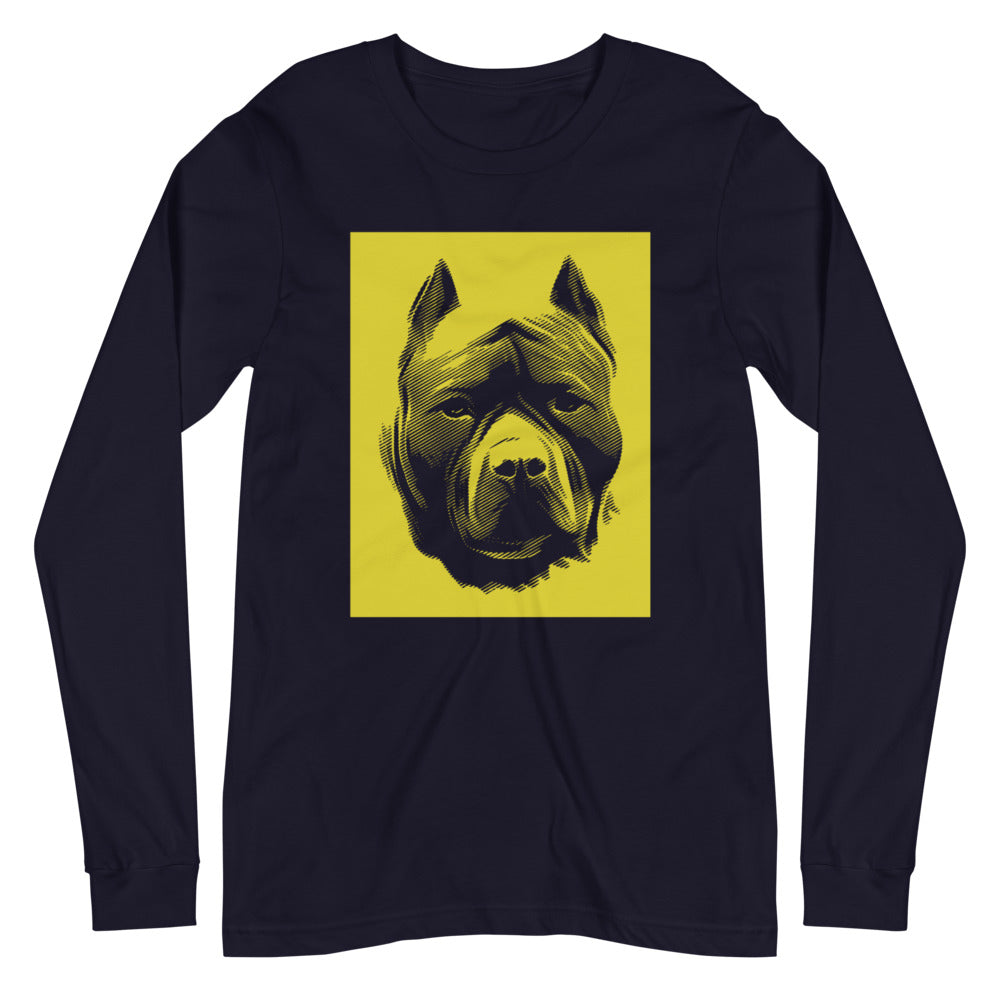 Pit Bull face halftone with yellow background square on unisex navy long sleeve t-shirt